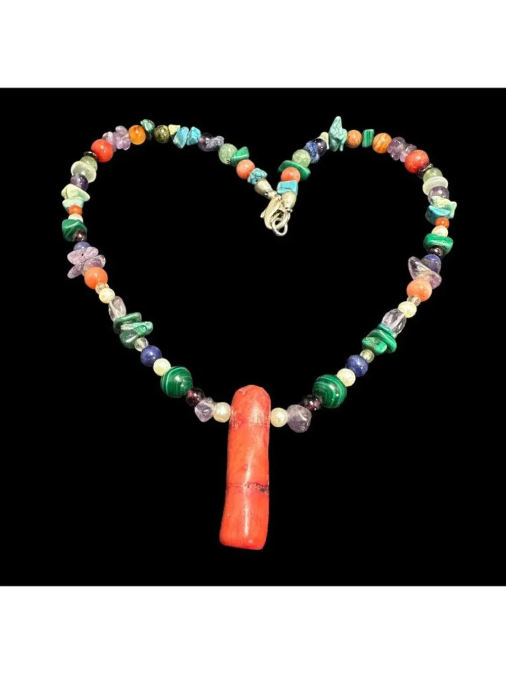 Southwestern Multi Gemstone Beaded Necklace 925 Clasp Coral Statement Pendant